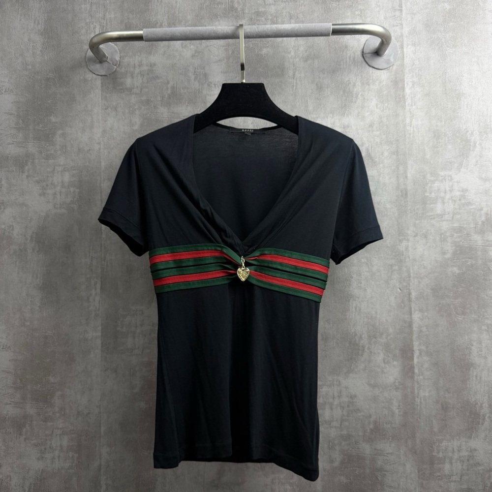 Authentic Gucci Black Tee with Red and Green Stripes